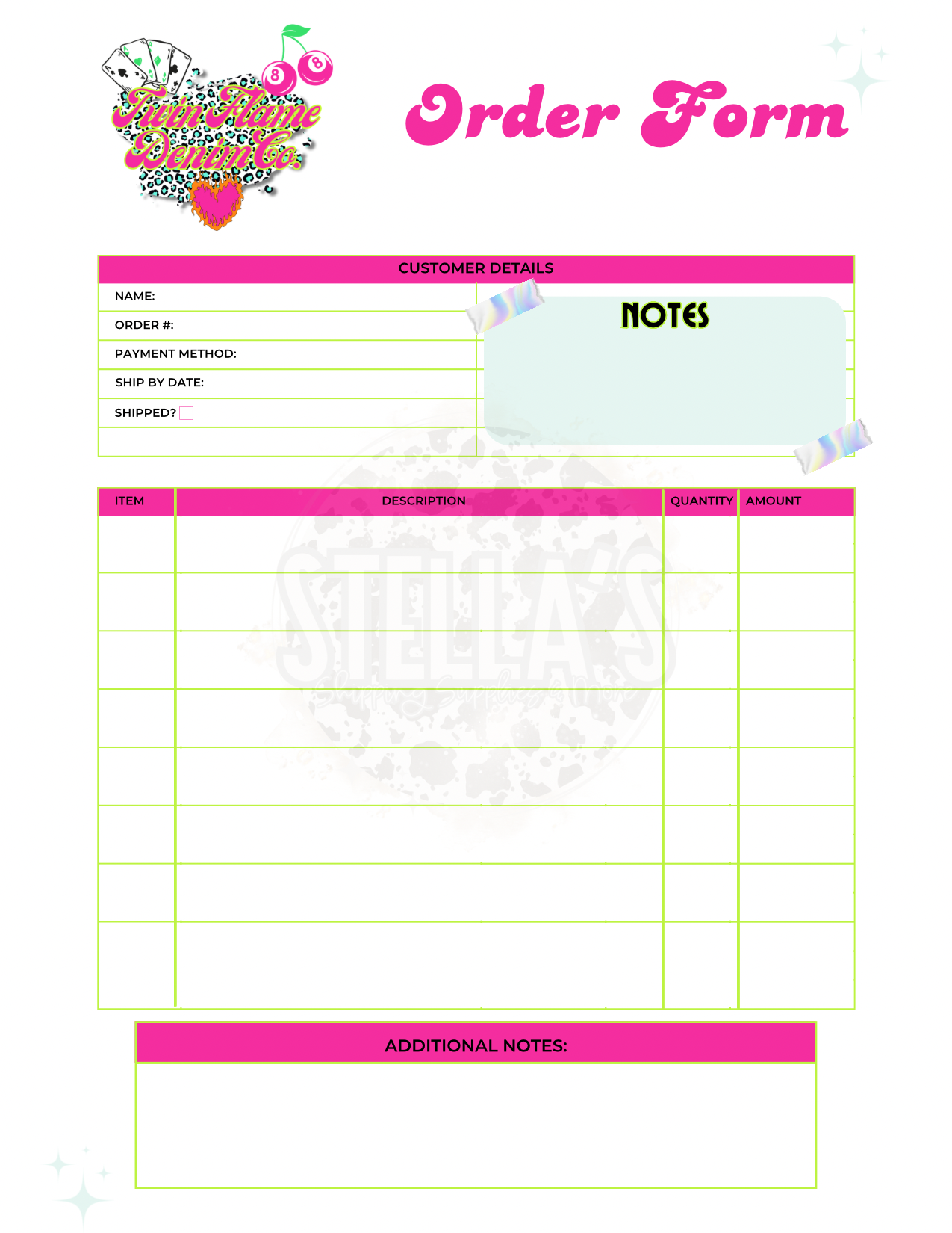 Custom Logo Blank Order Form Sheet