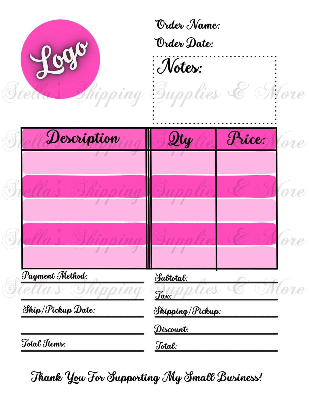 Custom Blank Order Form Sheet