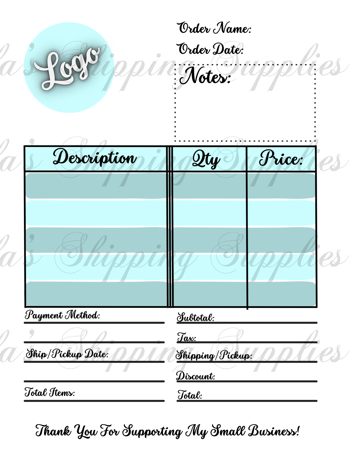 Custom Blank Order Form Sheet